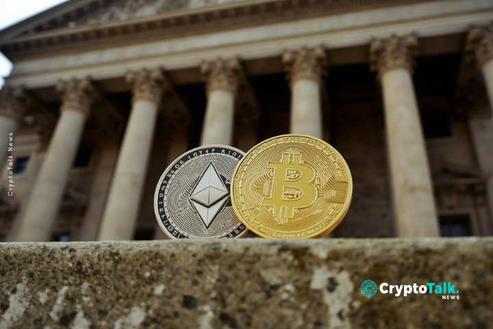 Two cryptocurrency coins, Ethereum and Bitcoin, are the main subjects, positioned slightly off-center on a stone ledge. The Ethereum coin is on the left, displaying a silver-colored Ethereum symbol within a black and silver ring. The Bitcoin coin, on the right, is gold, prominently showcasing the Bitcoin "B" symbol. The coins are resting on a weathered, gray stone surface. The background features a large, classical-style building facade with columns and architectural details, slightly out of focus. Lighting appears natural, casting shadows and highlights on the coins and the building. The image has a realistic style and conveys a sense of finance and technology. The composition uses a low-angle perspective, emphasizing the scale of the building behind the coins.