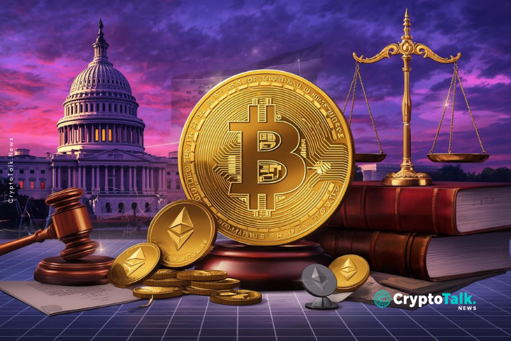 An artistic, digital illustration depicts a scene related to cryptocurrency and the American legal system. The United States Capitol building dominates the left background, bathed in soft, purple and orange sunset light. An American flag flies prominently in the center background. In the foreground, a large, golden Bitcoin coin is positioned centrally. To the right, a set of balanced scales, representing justice, sits atop stacked books. A gavel and its base are in the lower left, while other digital coins like Ethereum are scattered around. Documents are visible beneath the Bitcoin and other objects. A subtle grid pattern overlays the entire image. The composition has a painted style, with vibrant colors and lighting, suggesting a blend of reality and artistic interpretation, giving an atmosphere of importance and financial implications.