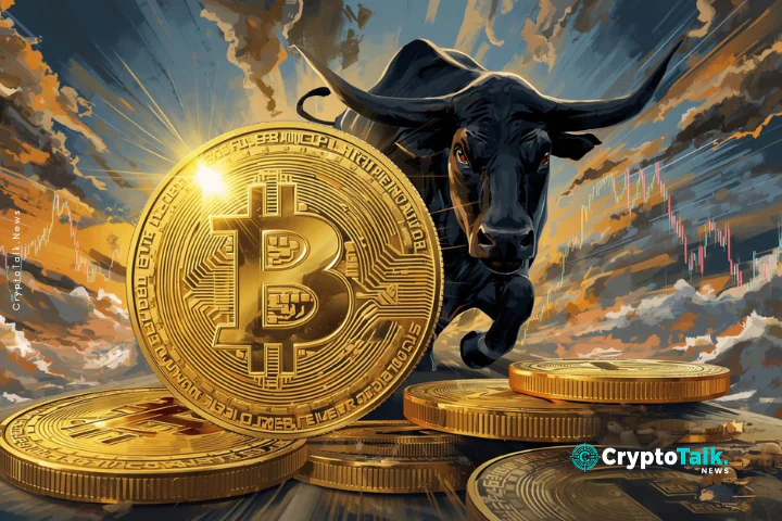 A dynamic, artistic rendering depicts a Bitcoin symbol coin at the center, radiating golden light and reflecting the glow of other coins in the foreground. Behind it, a powerful black bull charges forward aggressively, its pose suggesting strength and upward market momentum. In the background, a dramatic sky filled with clouds and streaks of orange and blue creates a sense of dynamism. Charts representing stock market trends are visually integrated into the background, suggesting market analysis and volatility. The overall style is illustrative and energetic, with strong contrasts of light and shadow, and brushstroke textures. The composition employs a low-angle perspective, emphasizing the scale of the coin and the charging bull, evoking a feeling of power and rising financial opportunity. The color palette focuses on gold, black, and blues to accentuate the Bitcoin theme.